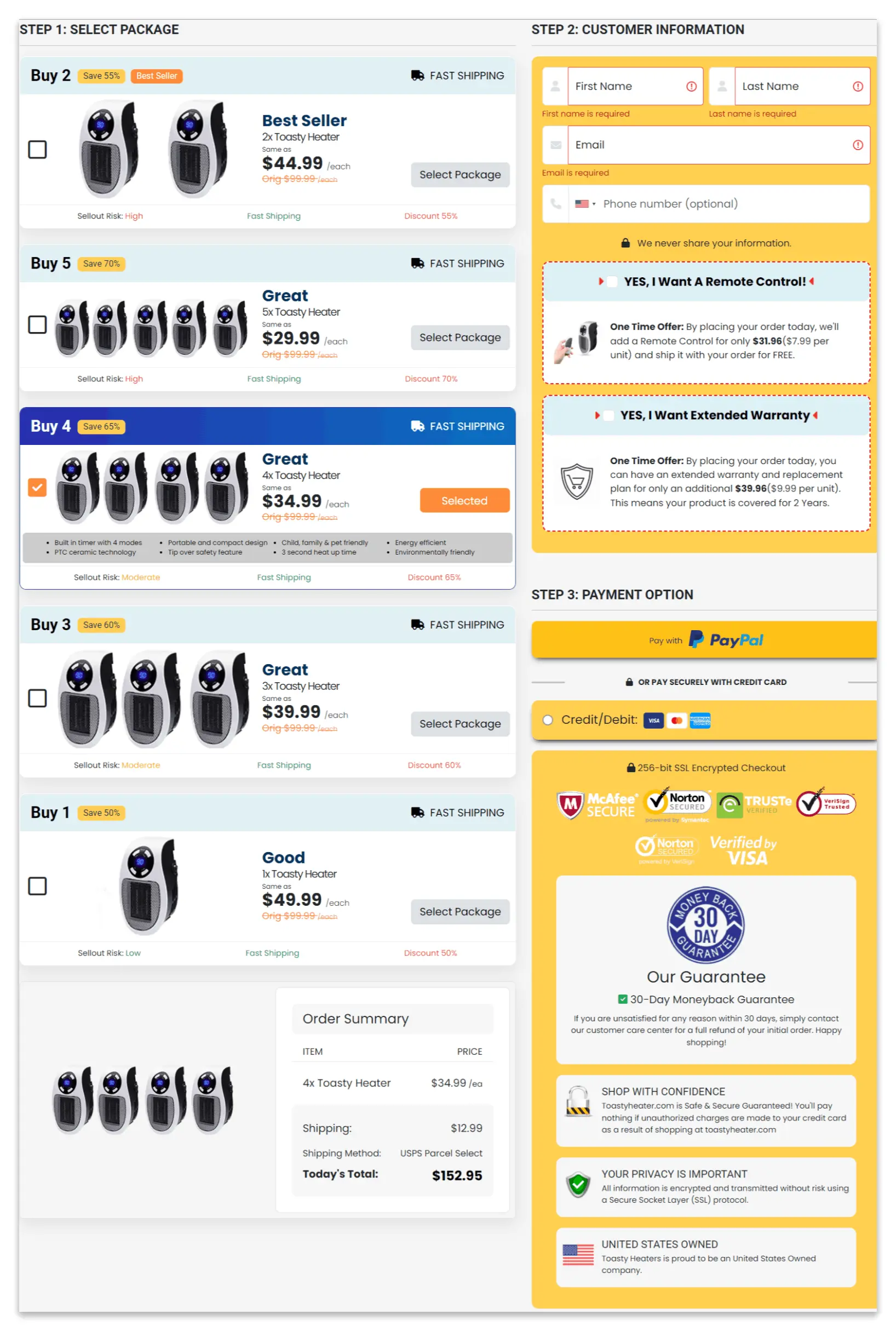 Toasty Heater checkout page